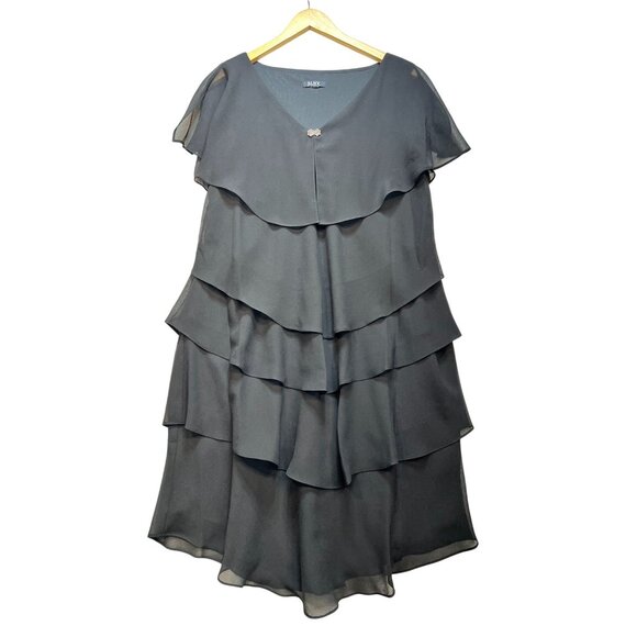 SLNY Womens Tiered Capelet Chiffon Dress Large Black Party Flutter Sleeve Midi - Picture 2 of 12